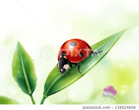 一幅色彩明快的自然插圖，描繪了一隻瓢蟲棲息在嫩葉上，背景是春天的景象，並留有文字空間。 138824606