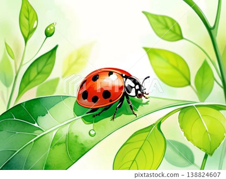 一幅色彩明快的自然插圖，描繪了一隻瓢蟲棲息在嫩葉上，背景是春天的景象，並留有文字空間。 138824607