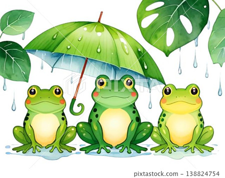 三隻青蛙在樹葉傘下躲雨：一幅可愛的雨季插圖。 138824754