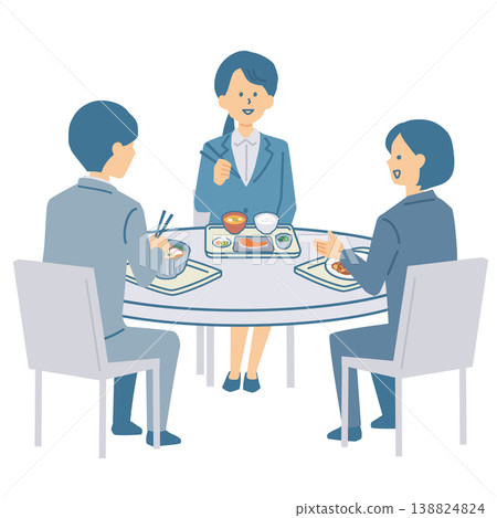 一幅描繪辦公室職員與同事共進午餐的插圖。 138824824