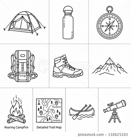 camping in the mountains icons set, simple style 138825283