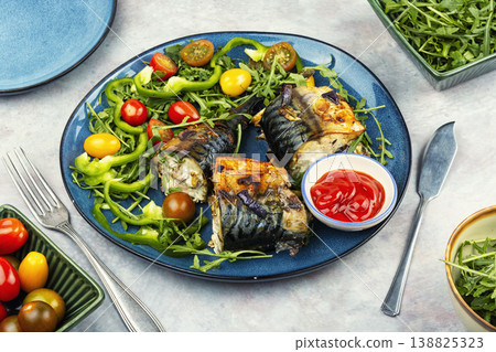 Baked Fish with Salad Greens Baked Fish with Salad Greens 138825323