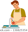 Man in apron washes vegetables in sink under water. A cozy home cooking scene featuring healthy food 138825354