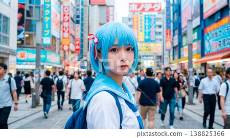 一名身穿水手服、頂著藍色頭髮的cosplay女子站在日本流行文化區和電子產品區的背景下。 138825366