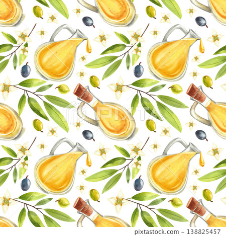 Olive oil in a glass jar, leaves, and fruits. Watercolor seamless pattern of Mediterranean plants and food, hand drawn for fabric, menu, packaging design, farmer's market, food festival Olive oil in a glass jar, leaves, and fruits. Watercolor seamless pattern of Mediterranean plants and food, hand drawn for fabric, menu, packaging design, farmer's market, food festival 138825457