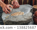 Human hand rotating an ancient stone grinding machine for smashing grains. Handmade manual equipment grind mill 138825687