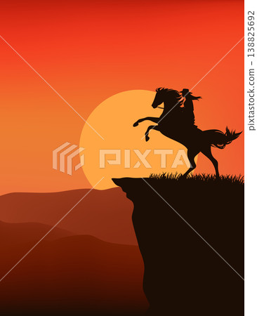 vector silhouette of cowgirl riding rearing up horse and sunset canyon landscape vector silhouette of cowgirl riding rearing up horse and sunset canyon landscape 138825692