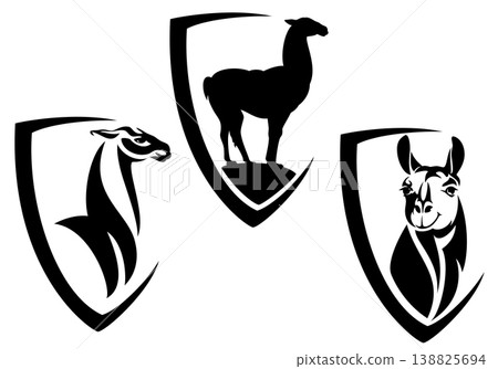 standing llama silhouette and profile head in simple heraldic shield black and white vector set 138825694