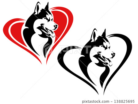 smiling husky sled dog head in heart shape vector portrait set 138825695
