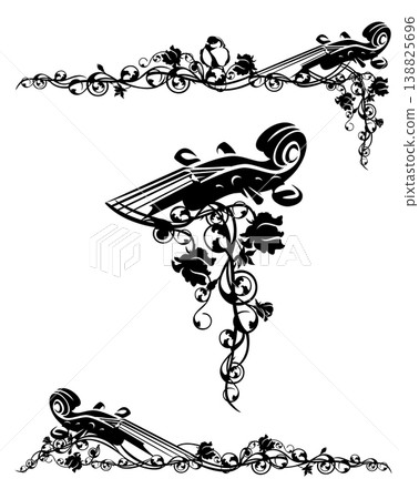 violin musical instrument among rose flowers black and white vector frame border design set 138825696