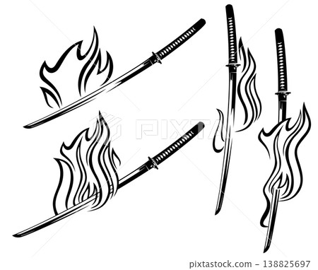 japanese samurai katana sword among burning fire flames black and white vector japanese samurai katana sword among burning fire flames black and white vector 138825697
