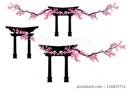 japanese shinto torii gate with spring sakura tree long branches vector design set japanese shinto torii gate with spring sakura tree long branches vector design set 138825712