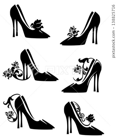elegant high heeled shoes and rose flowers black and white vector design elegant high heeled shoes and rose flowers black and white vector design 138825716