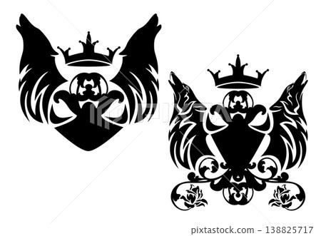 two howling wolves with crown, shield and roses black and white vector heraldic design two howling wolves with crown, shield and roses black and white vector heraldic design 138825717