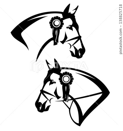bridled horse with champion award rosette black and white vector head bridled horse with champion award rosette black and white vector head 138825718