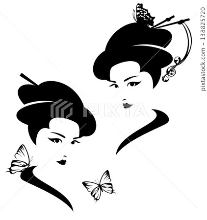 beautiful geisha with butterfly black and white vector head portrait beautiful geisha with butterfly black and white vector head portrait 138825720