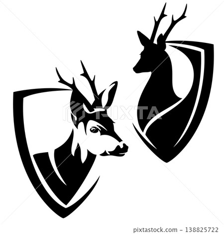 wild roe deer head and shield black and white vector heraldic design 138825722