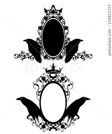 vector black and white vintage style oval frame design with raven birds, roses and crowns 138825723