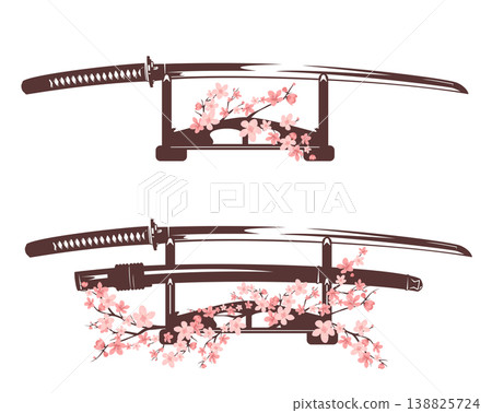 japanese samurai katana sword with scabbard put on horizontal stand decorated with sakura flowers vector design japanese samurai katana sword with scabbard put on horizontal stand decorated with sakura flowers vector design 138825724