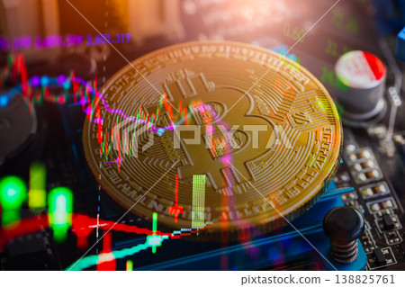 Modern way of exchange. Bitcoin is convenient payment in global economy market. Virtual digital currency and financial investment trade concept. Abstract cryptocurrency with gold bitcoin background. Modern way of exchange. Bitcoin is convenient payment in global economy market. Virtual digital currency and financial investment trade concept. Abstract cryptocurrency with gold bitcoin background. 138825761