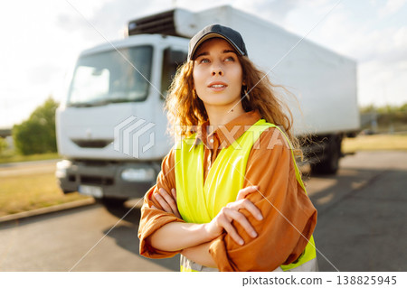 Woman Driver standing near truck. Transport industry theme. Logistic shipping. Woman Driver standing near truck. Transport industry theme. Logistic shipping. 138825945