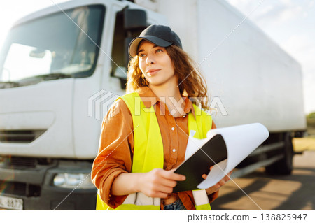 Portrait of woman truck driver in casual clothes standing in front of truck. Transport industry Portrait of woman truck driver in casual clothes standing in front of truck. Transport industry 138825947