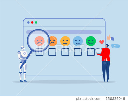 Businessman with robot checkbox about experience and giving rating on questionnaire with happyCustomer rating concept. Feedback from consumer for liking product and service vector 138826046