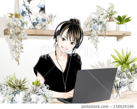 職業女性系列：戴著耳機專心工作的女性。 138826186