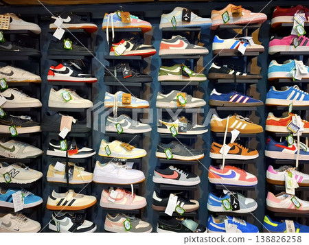 Yogyakarta, Indonesia - March 18th 2026 - Vibrant Energetic Display of Various Sneakers in a Store 138826258