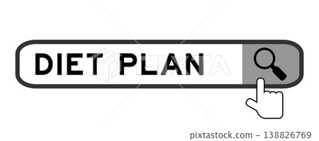 Search banner in word diet plan with hand over magnifier icon on white background Search banner in word diet plan with hand over magnifier icon on white background 138826769