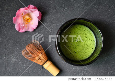 Japanese Tea Ceremony: With a Tea Whisk and Camellia (Japanese-style image) Copy space available 138826872