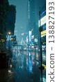 A fantastical urban landscape where the light of colorful neon signs reflects off the rain-soaked streets at night. 138827193
