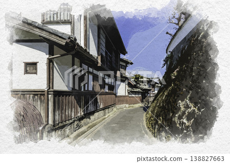 大分縣臼杵市仁尾座歷史古道的水彩畫。 138827663