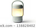A modern and simple white LED lantern with a handle, perfect for disaster preparedness or camping. (Isolated background image) 138828402