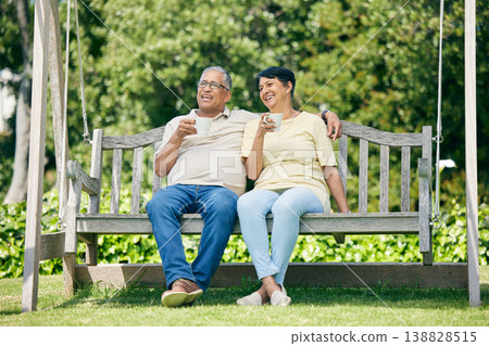 Coffee date, bench or old couple in park or nature talking and bonding together in retirement. Senior, elderly man or happy mature woman drinking tea to relax with love, peace or care on fun holiday 138828515