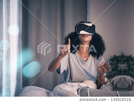 Woman, bed and vr glasses in night, home and online in metaverse, matrix and press with finger for choice. Girl, augmented reality games and vision for 3d user experience, dark bedroom and apartment 138828528