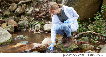 Forest, water and woman scientist test sample for research or inspection of the ecosystem and environment study. Science, sustainable and professional environmentalist doing carbon footprint exam 138828532