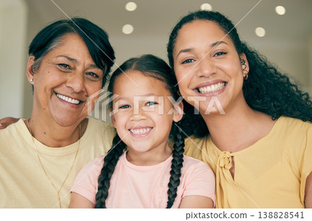 Happy, smile and generations with portrait of family in living room for love, relax and support. Retirement, happiness and grandmother with child and mother at home for care, trust and free time Happy, smile and generations with portrait of family in living room for love, relax and support. Retirement, happiness and grandmother with child and mother at home for care, trust and free time 138828541