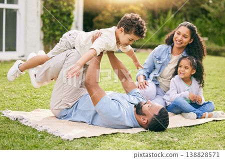 Picnic, airplane and happy family relax, play or enjoy outdoor quality time together, flying games and nature fun. Summer freedom, backyard and bonding dad, mom and kids imagine plane flight in park 138828571