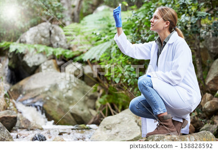 Forest, environment and woman scientist test water for research or inspection of the ecosystem and study of nature. Science, sustainable and professional environmentalist doing carbon footprint exam Forest, environment and woman scientist test water for research or inspection of the ecosystem and study of nature. Science, sustainable and professional environmentalist doing carbon footprint exam 138828592