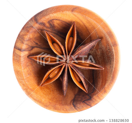 Star anise isolated on white background. Anise stars or badian spice in wooden bowl. Clipping path. Top view. Star anise isolated on white background. Anise stars or badian spice in wooden bowl. Clipping path. Top view. 138828630