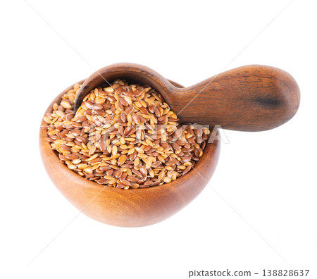 Flax seed mix isolated on white background. Golden and brown linseed or flaxseed in wooden bowl. Clipping path. 138828637