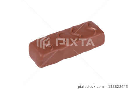 Chocolate bar with peanuts, caramel and nougat isolated on white background. Protein peanut chocolate snack bar. Clipping path. Chocolate bar with peanuts, caramel and nougat isolated on white background. Protein peanut chocolate snack bar. Clipping path. 138828643