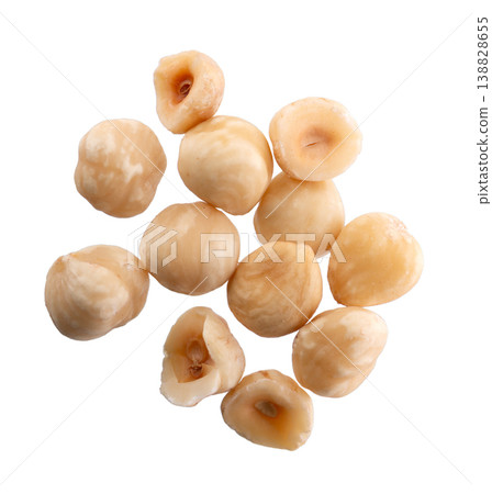 Hazelnut isolated on white background. Peeled hazelnuts. Clipping path. Top view. 138828655