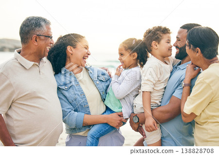 Happy, big family and beach vacation in nature bonding, laugh and relax outdoor together. Smile, love and children with parents and grandparents at the sea for having fun, trip or holiday in Cancun Happy, big family and beach vacation in nature bonding, laugh and relax outdoor together. Smile, love and children with parents and grandparents at the sea for having fun, trip or holiday in Cancun 138828708