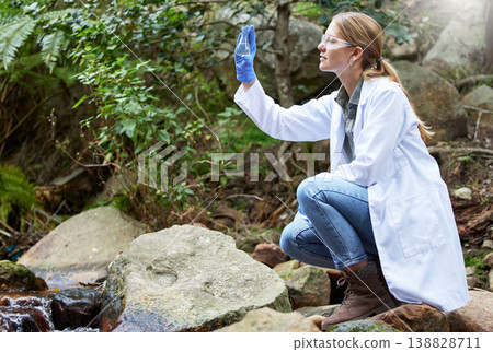 Forest, research and woman environmentalist test water sample for inspection of the ecosystem and environment study. Science, sustainable and professional scientist doing carbon footprint exam Forest, research and woman environmentalist test water sample for inspection of the ecosystem and environment study. Science, sustainable and professional scientist doing carbon footprint exam 138828711