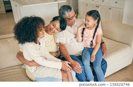 Grandparents, kids and family on sofa in home for love, care and fun quality time together. Grandmother, grandfather and happy young children relax on couch for bond, support and smile in living room Grandparents, kids and family on sofa in home for love, care and fun quality time together. Grandmother, grandfather and happy young children relax on couch for bond, support and smile in living room 138828746