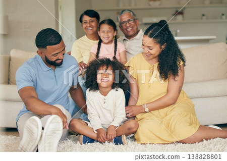 Parents, children and big family in home of love, care and quality time together. Mother, father and portrait of grandparents relax with young kids in lounge for support, smile or bond of generations Parents, children and big family in home of love, care and quality time together. Mother, father and portrait of grandparents relax with young kids in lounge for support, smile or bond of generations 138828801