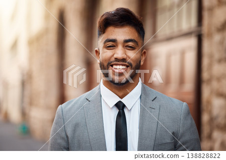 Smile, lawyer and business with portrait of man in city for justice, manager and pride. Happy, legal and advocate with face of male attorney at courthouse for advisor, corporate person or consultant 138828822