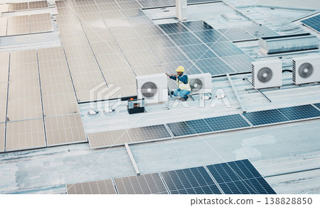 Technician, roof and solar panel for clean power, sustainability and maintenance for renewable energy. Engineer, photovoltaic technology and inspection on rooftop, building or electricity development Technician, roof and solar panel for clean power, sustainability and maintenance for renewable energy. Engineer, photovoltaic technology and inspection on rooftop, building or electricity development 138828850